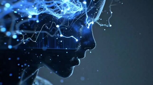 Abstract depiction of human intellect and digital consciousness, showcasing complex neural pathways and advanced technological thought processes within a futuristic mind