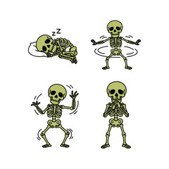 Skeleton dancing and sleeping with jump rope in a fun cartoon style
