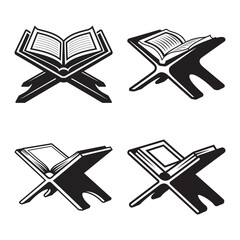 Fototapeta premium A collection of black and white vector illustrations showing an open holy book on a traditional rehal lectern from multiple perspectives