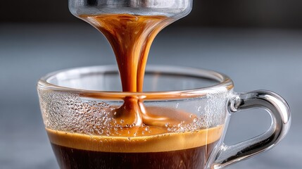 Close-up of espresso pouring into a clear glass cup, highlighting its rich color and texture