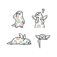 Cartoon seal with wings in various emotional states on white background