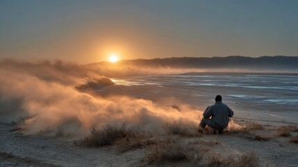 A person observes a dusty landscape at sunset with mountains in the background