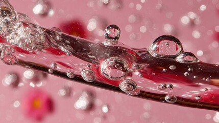Macro shot of clear water flowing over a reddish object, with bubbles and pink flowers in BG