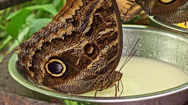 Close-up shows an owl butterfly drinking nectar with its proboscis extended