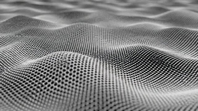 A grayscale, close-up shot of a textured, perforated surface with wave-like formations