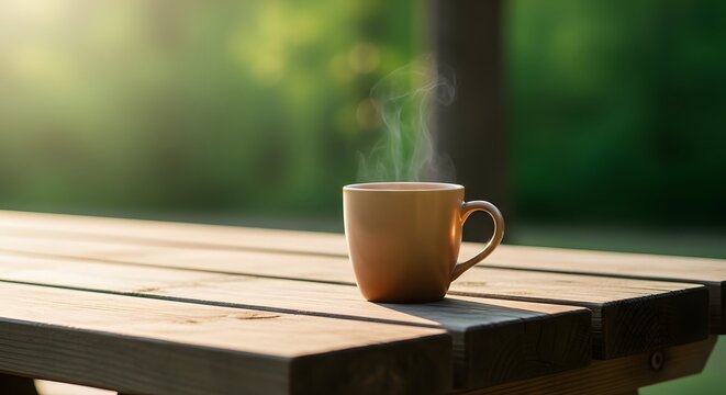 A warm cup of coffee steaming on a tranquil wooden table outdoors in sunlight. canecas