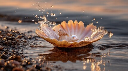 A seashell with a pearl at the beach, water splashing as the sun sets