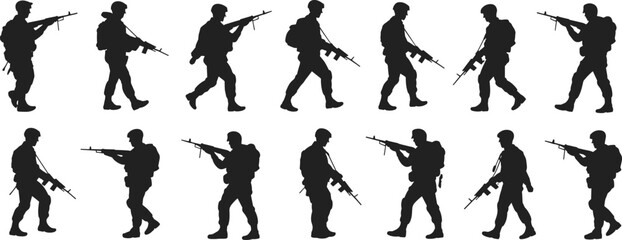 Collection of armed soldier silhouettes in patrol and combat walking poses, military infantry vector set isolated on clean background illustration