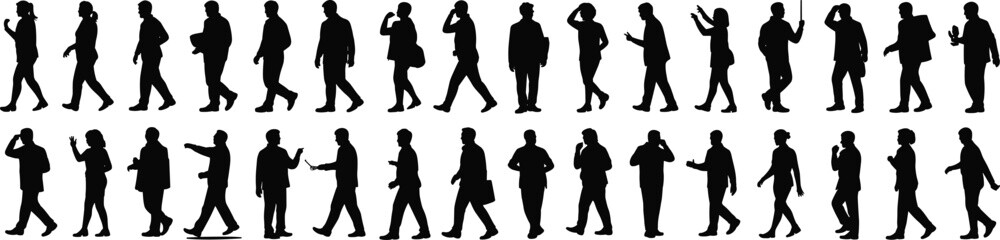 Collection of diverse walking and standing people silhouettes isolated on white background, urban lifestyle, business, casual poses, vector style set