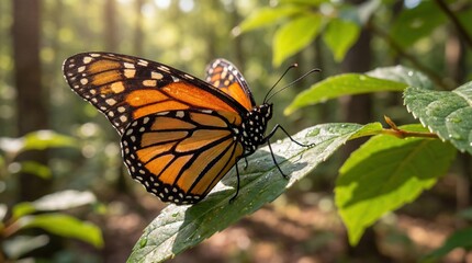 Obraz premium Monarch Butterfly on Leaf in Natural Habitat with Warm Soft Lighting for Conservation