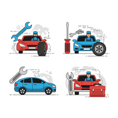 Naklejka premium Car Repair Service Icons: Mechanics Fixing Cars with Tools
