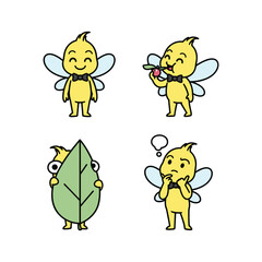 Cartoon bees with different emotions and actions in a simple illustration style
