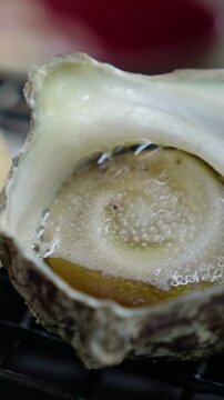 Grilling Turban Shells on Japanese Seafood Barbecue, Vertical