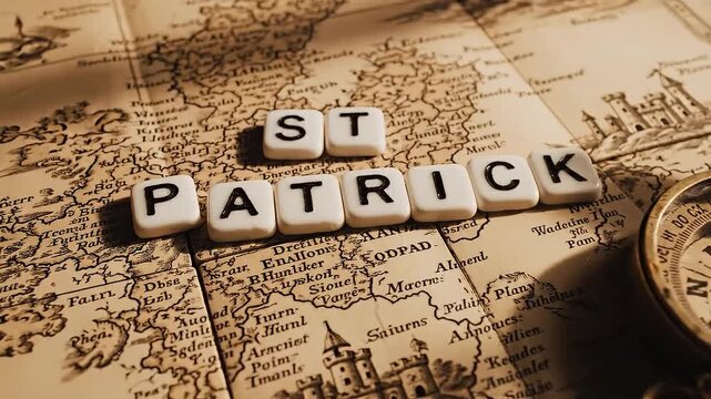 Vintage St. Patrick's Day Map and Compass Journey Through Ireland with Celtic Symbols and Castle Illustrations