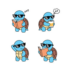 Cartoon turtle reading book in sunglasses with different emotions