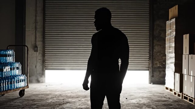 Silhouette of a man in a warehouse