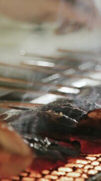 Street Food Grilled Squid with Smoke, Japanese Yatai Ikayaki Close-Up