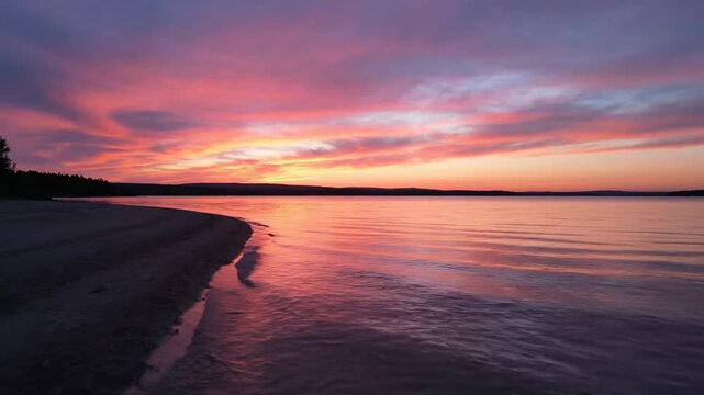 A serene lakeside panorama captures a vibrant sunset sky, reflecting on the tranquil waters