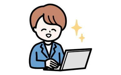 PCを操作しながらITソリューションを提案する女性。信頼感のある青い制服のビジネス素材。