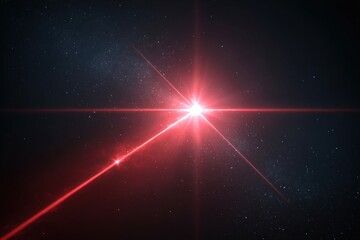 A vibrant red laser beam pierces the dark cosmic background, creating a striking visual contrast against the starry night sky.