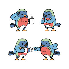 Cartoon bluebirds showing morning routine with coffee and phone on white background