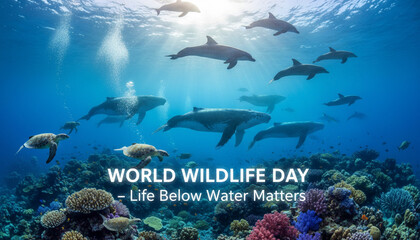 Obraz premium Dolphins Swimming in Ocean with Coral Reef during World Wildlife Day