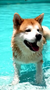 A happy brown and white dog joyfully swims in a bright blue pool on a sunny day.