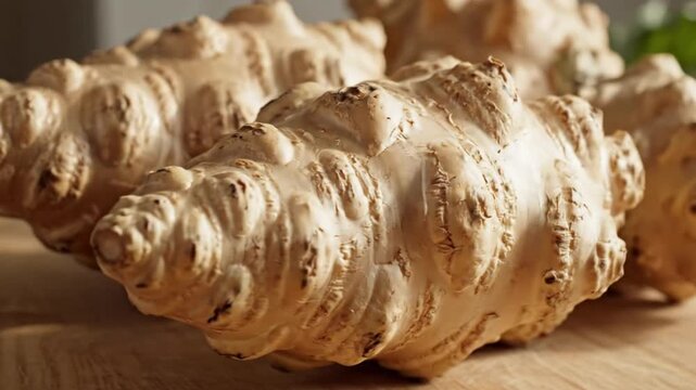 Close-up of several textured, light-colored root vegetables on a wooden cutting board. Greenery visible in background