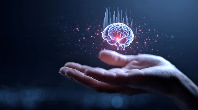 Conceptual image of AI technology and human intellect convergence, featuring a glowing brain projection above an outstretched hand, illustrating innovation and advanced analytics