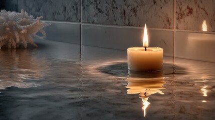 Lit candle on a wet surface with a coral object against a tiled wall