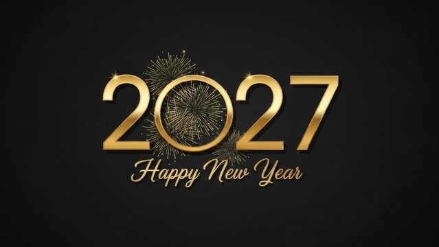 Gold "2027" with fireworks and "Happy New Year" on a black backdrop