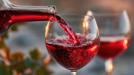 Ruby red wine being poured from a bottle into a glass, with another glass blurred in bg