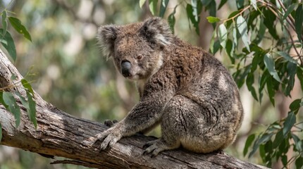 Obraz premium Koala on tree branch in serene natural setting with soft lighting for wildlife conservation