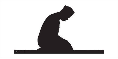 Obraz premium Black silhouette of a person kneeling in prayer on a white background with copy space with religion and faith and worship and spirituality and islam