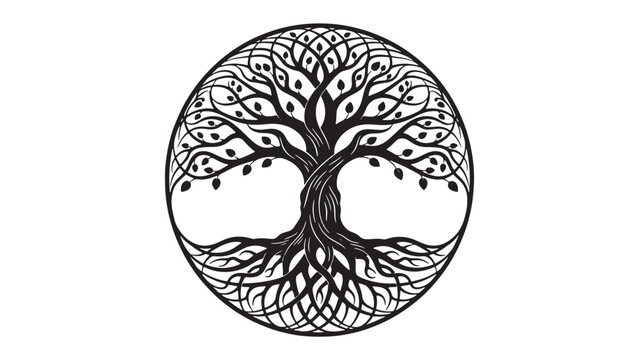 Intricate Tree of Life Circle Illustration with Interwoven Roots and Branches for Spiritual Branding, Tattoo Designs and Botanical Emblems
