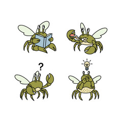 Cartoon crabs reading and having an idea with copy space