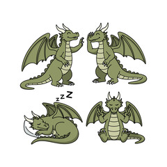 Obraz premium Cartoon dragons in various poses and emotions on white background with copy space