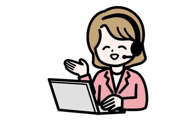 PC画面を指差してオンラインで優しく説明する女性事務員。Web会議やカスタマーサポートの素材。