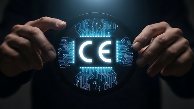 Person holding illuminated CE mark on circuit board in dark environment with glowing blue circuits