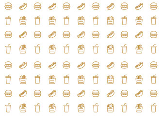 Obraz premium Fast-food illustration pattern with brown outline and white background, food packaging, menu illustration 
