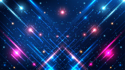 Futuristic technology background with glowing blue and pink neon lines intersecting in digital space for cyberpunk and data designs