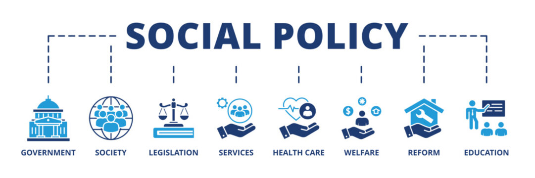 Social policy banner web icon vector illustration concept with icon of government, society, legislation, services, health care, welfare, reform, education