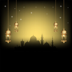 Mosque in the night decorated with traditional lanterns