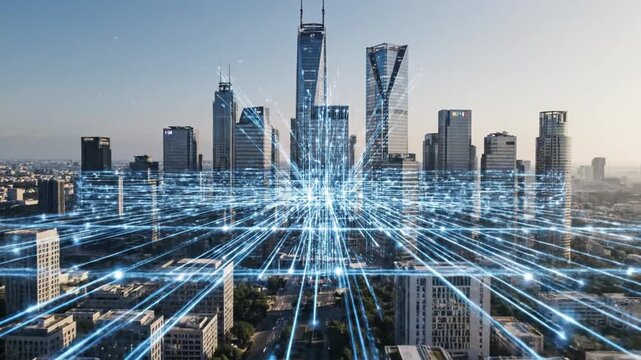 A cityscape of skyscrapers and buildings, with blue digital lines radiating across