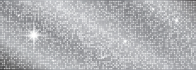 Plakat Silver disco ball seamless pattern featuring mirror mosaic tiles. Glittering sequin texture with sparkle effects ideal for glamorous party backdrops, retro club designs, and festive ball decorations.