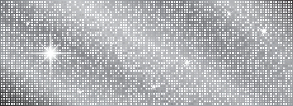 Silver disco ball seamless pattern featuring mirror mosaic tiles. Glittering sequin texture with sparkle effects ideal for glamorous party backdrops, retro club designs, and festive ball decorations.