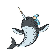 Child riding a narwhal in a whimsical cartoon style with copy space