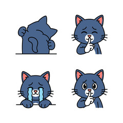 Blue cartoon cat emotions set with different facial expressions