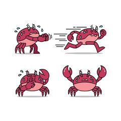 Cartoon crab character showing different emotions and actions in a simple illustration style