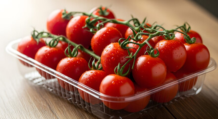A group of ripe red cherry tomatoes on green vines with water droplets inside a clear plastic tray